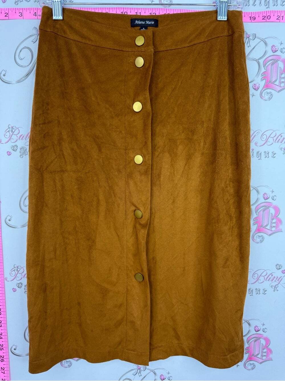 Athena Marie skirt pencil gold Button-Front Faux Suede Midi Skirt — Amber